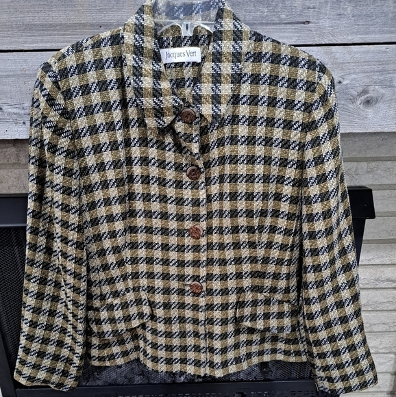 Jacques Vert Women's Size 12 Wool Blend Plaid Blazer Lined Embellished Buttons - Picture 1 of 12